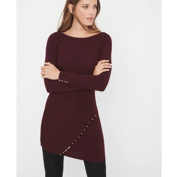 White House Black Market Dresses & Skirts - White House Black Market Burgundy Knit Asymmetrical Gold Button Sweater Dress